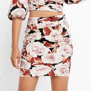 Express High Waisted Linen Blend Floral Fitted Ruched Mini Skirt